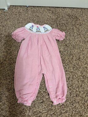 Classy Couture Smocked Romper 6 Months Owl Graphic Pink and White Gingham Snaps